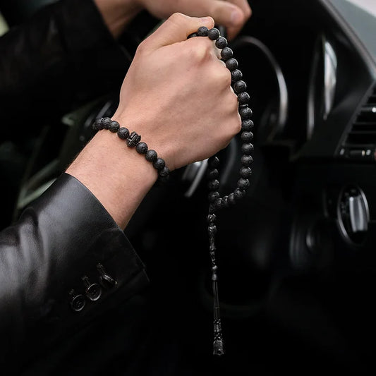 Black Volcanic Stone Tasbih & Warrior Bracelet